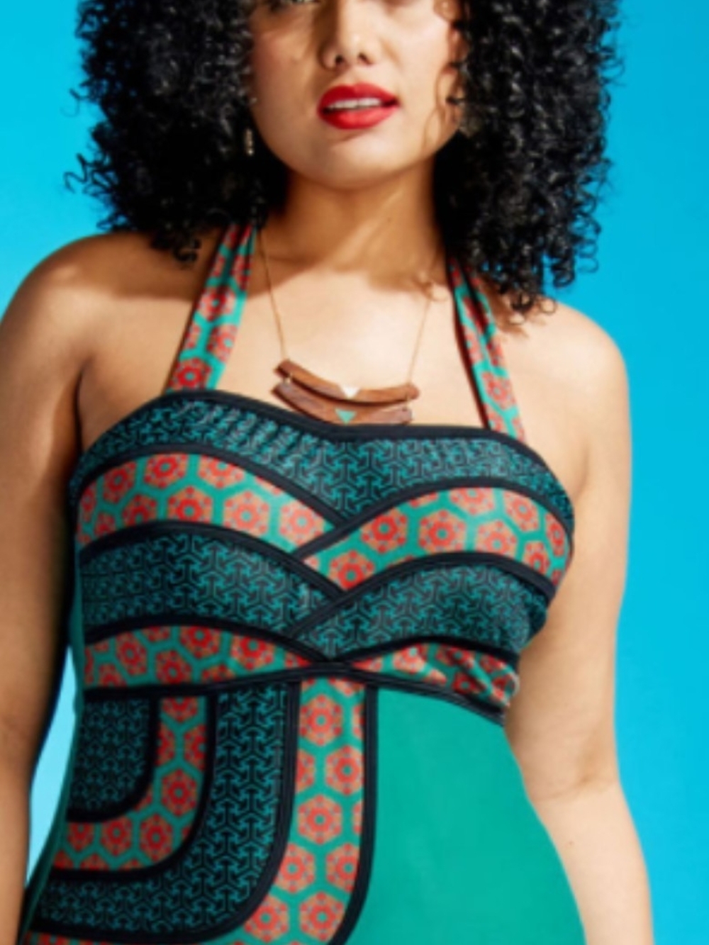 High Five by Modcloth Turquoise & Coral Pattern Halter One-Piece Swimsuit Size2X